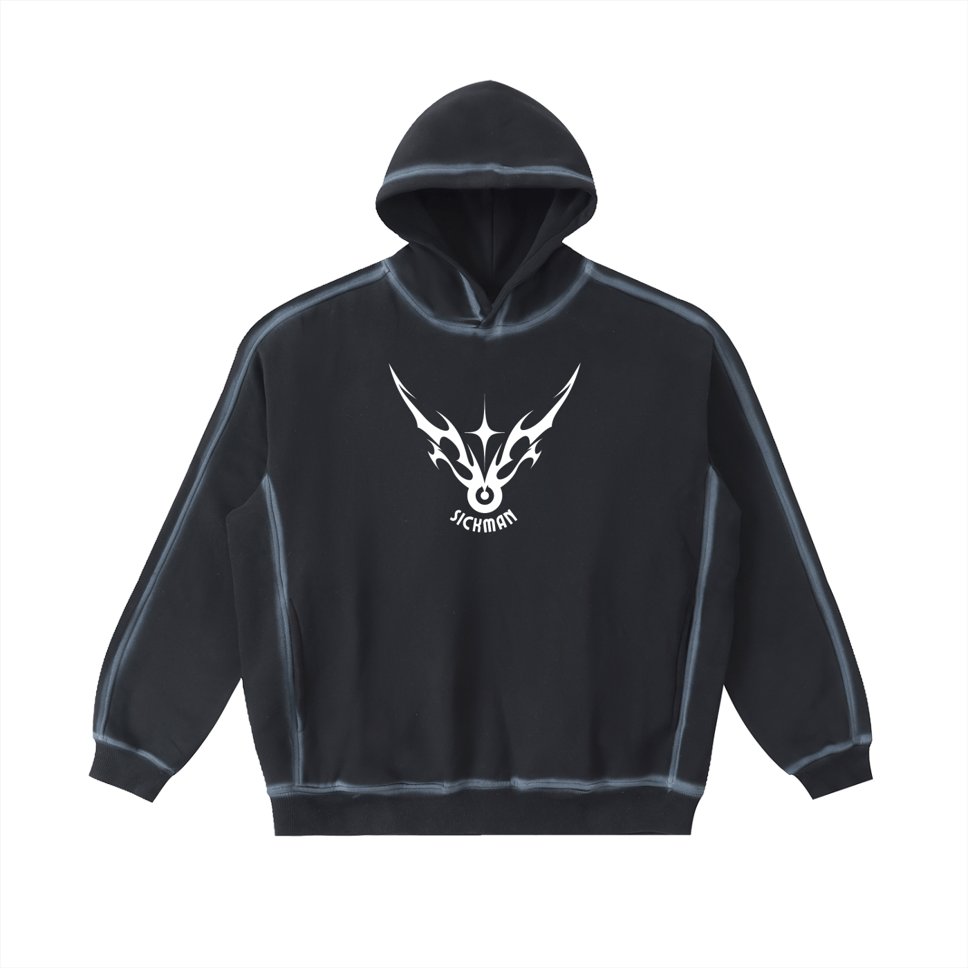 Black hoodie with a white logo on a white background