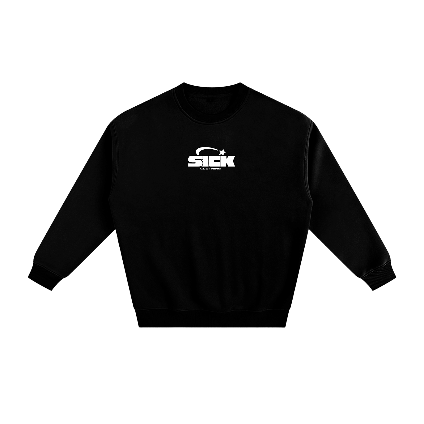 Black sweatshirt with a white logo on a white background