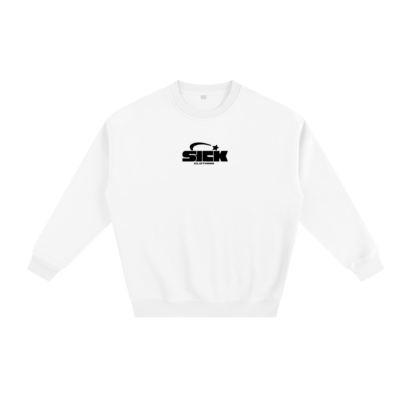 White sweatshirt with a black logo on a white background