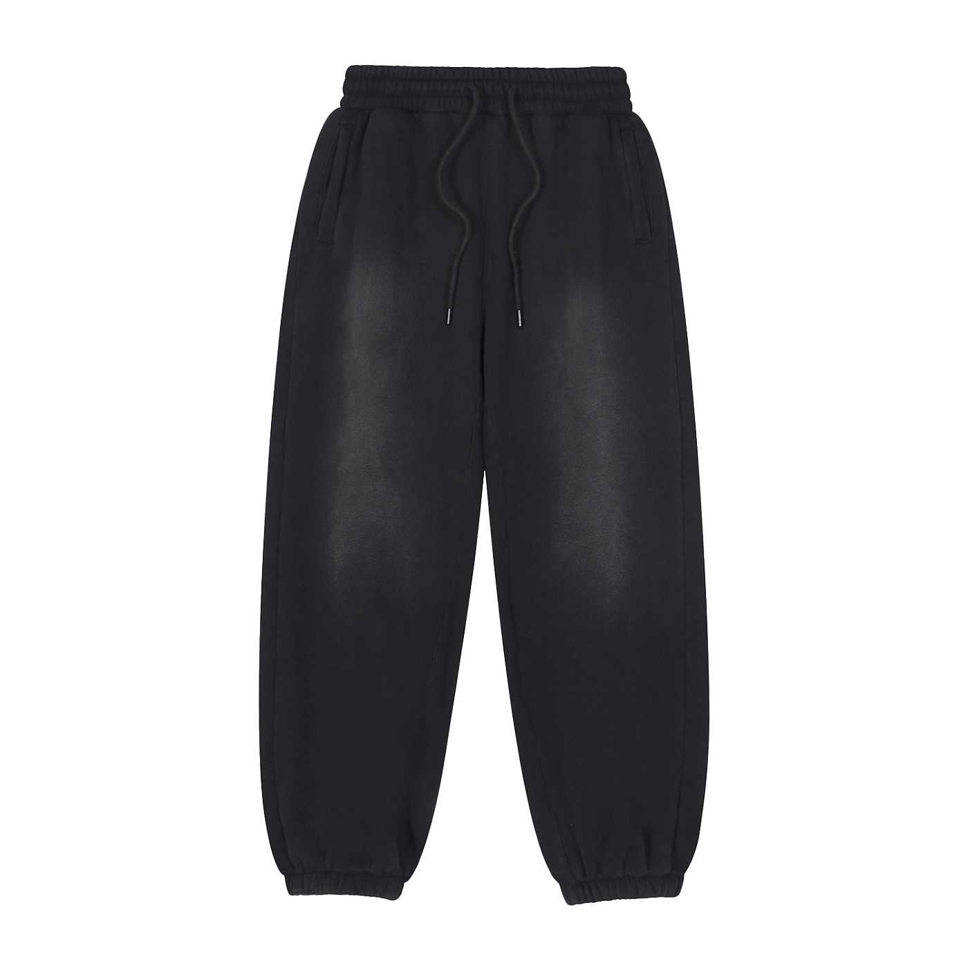 Black leather jogger pants on a white background