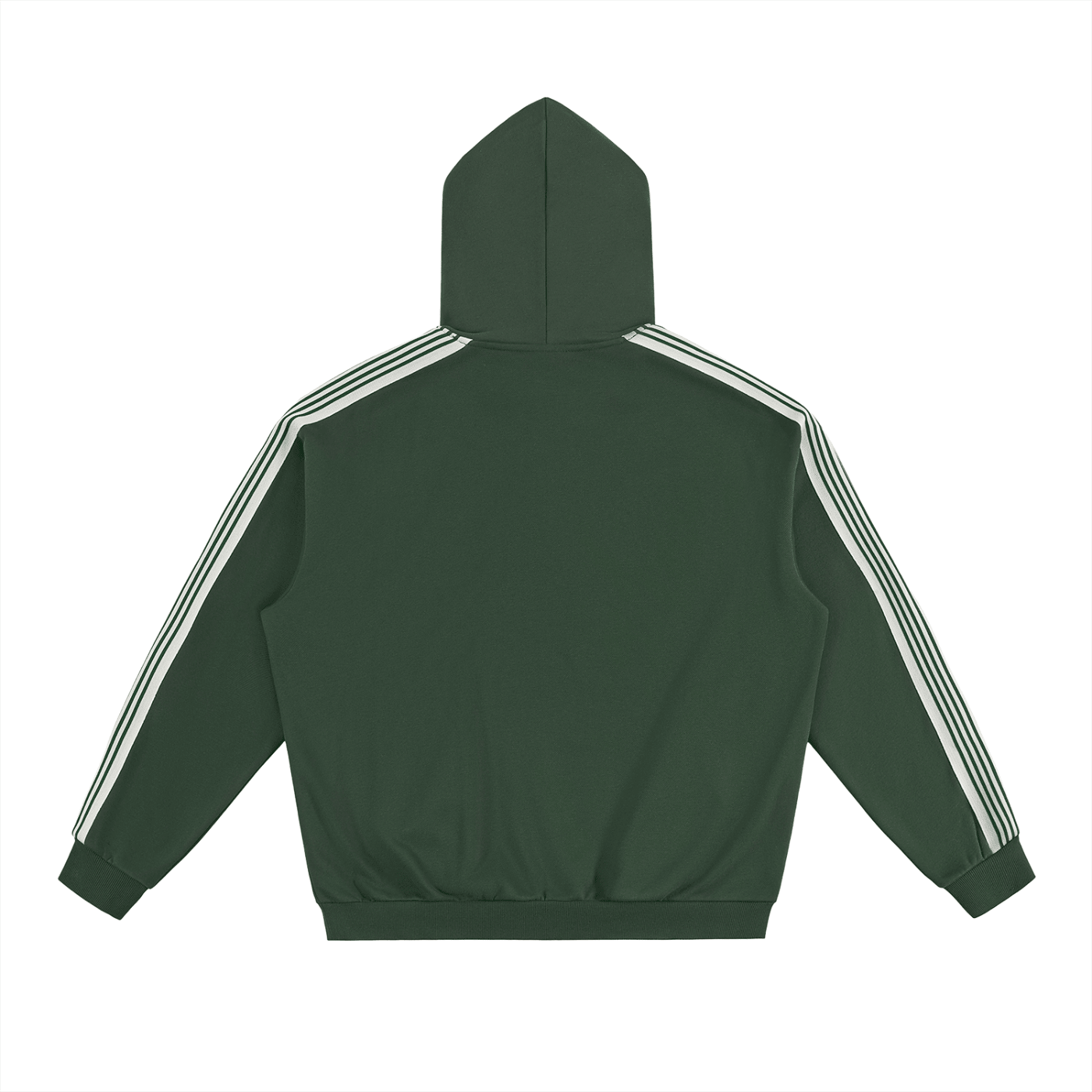 Green hoodie with white stripes on sleeves and back on a white background