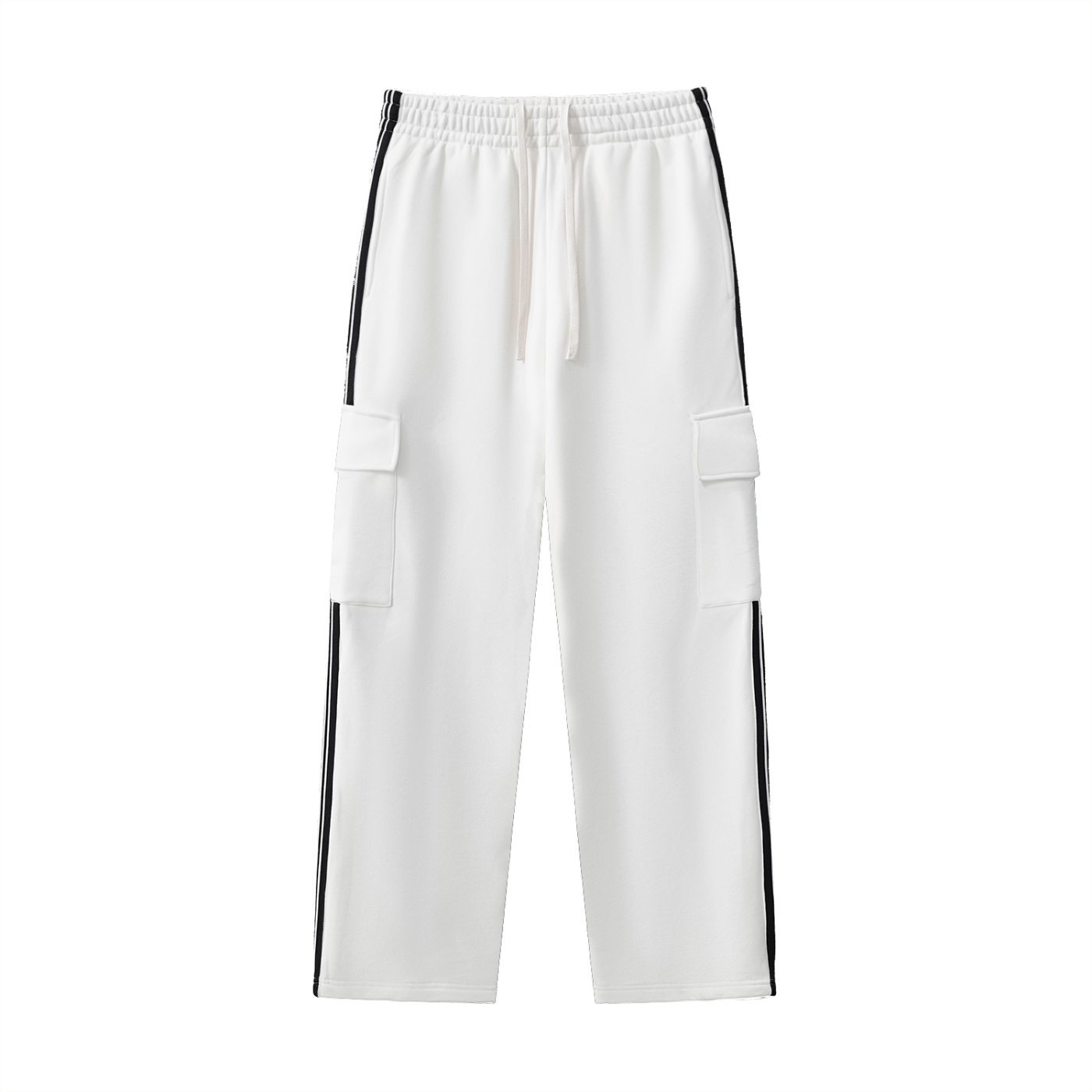 White pants with black stripes on a white background