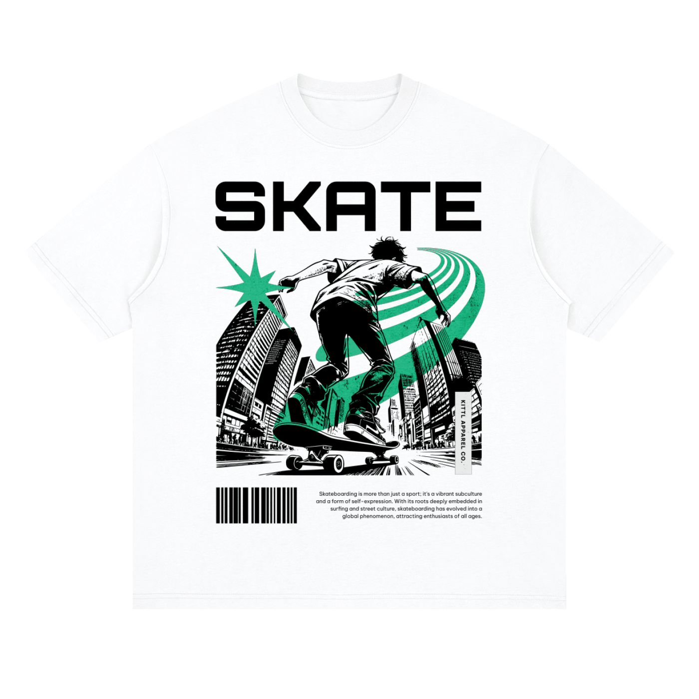A white short-sleeve crewneck t-shirt featuring a bold graphic print on the front. The design displays the word 'SKATE' in large black capital letters above an illustration of a skateboarder in black and white, accented with a vibrant green starburst and green curved lines.