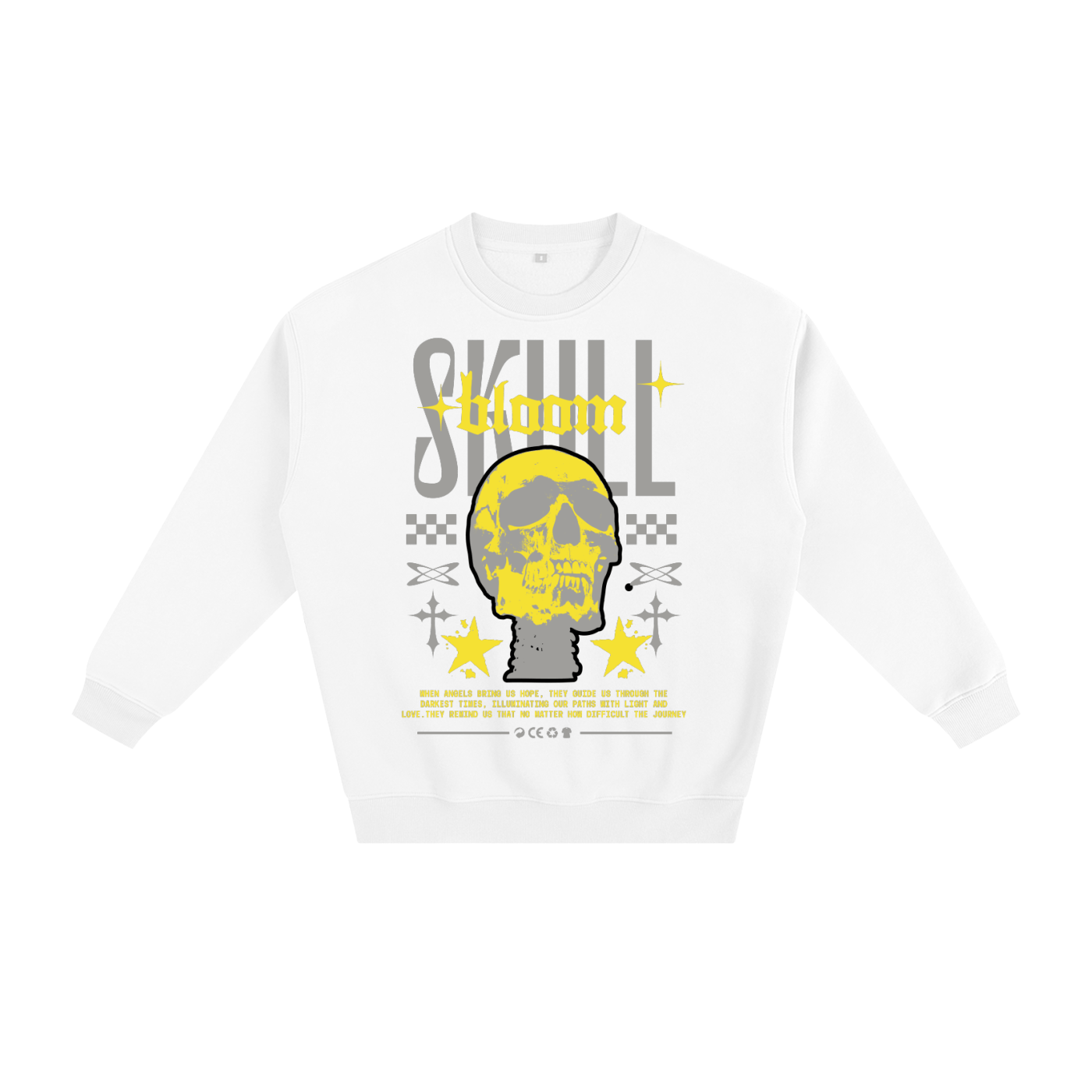 White sweatshirt with yellow and gray graphic design on a white background
