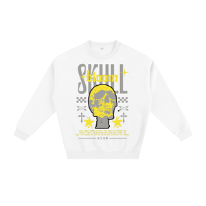 White sweatshirt with yellow and gray graphic design on a white background