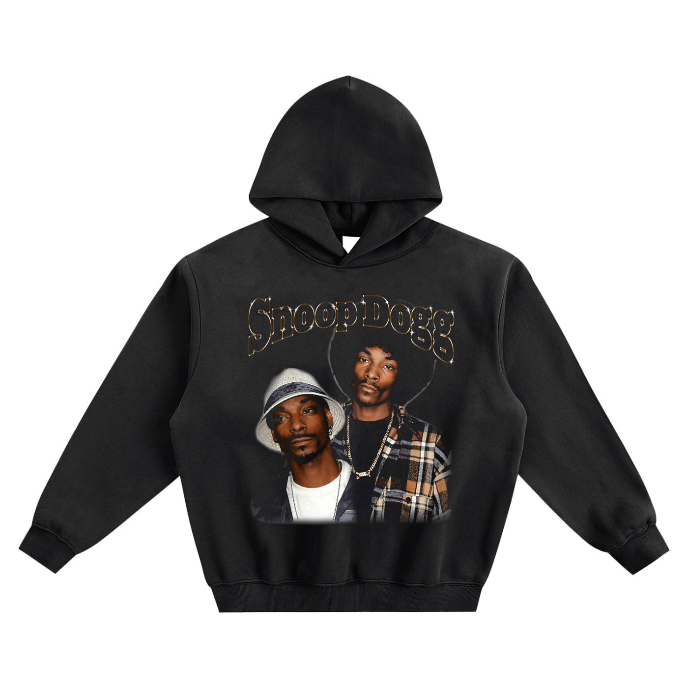 Black hoodie with 'Snoop Dogg' graphic on a white background