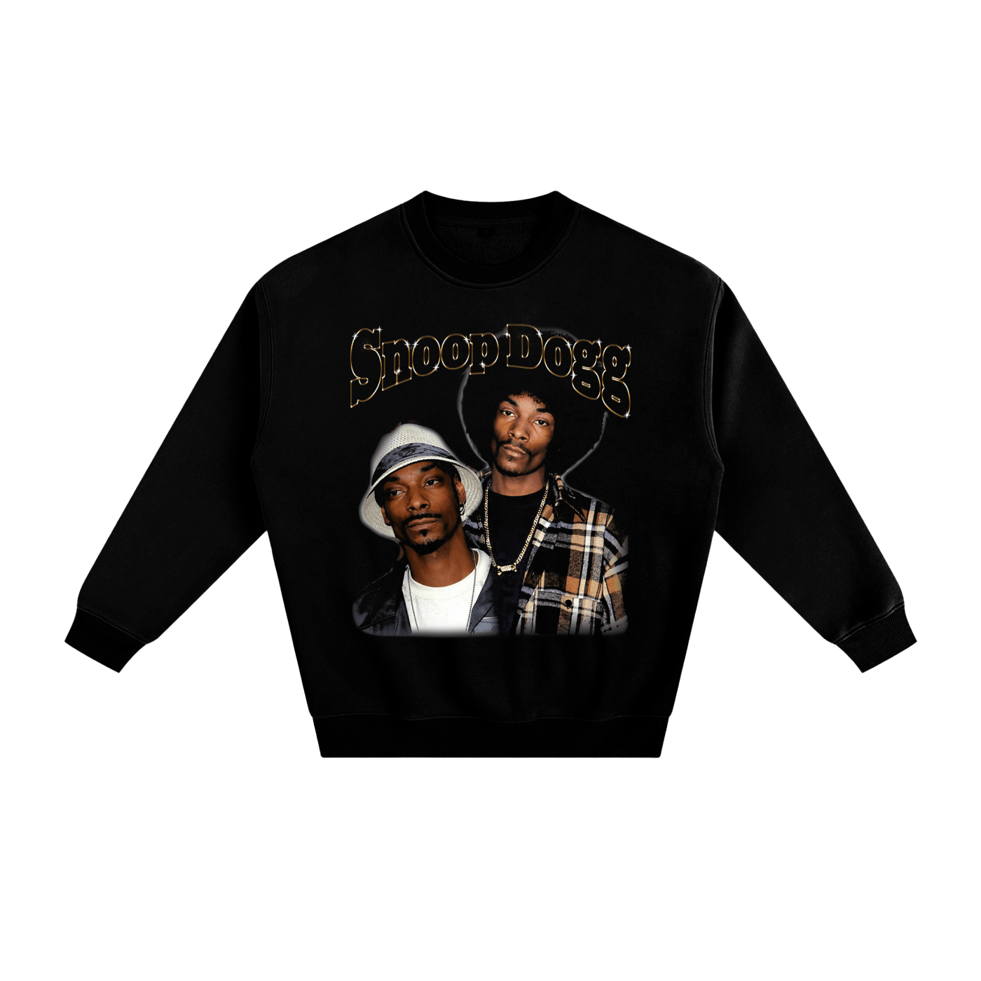 Black sweatshirt with 'Snoop Dogg' graphic on a white background