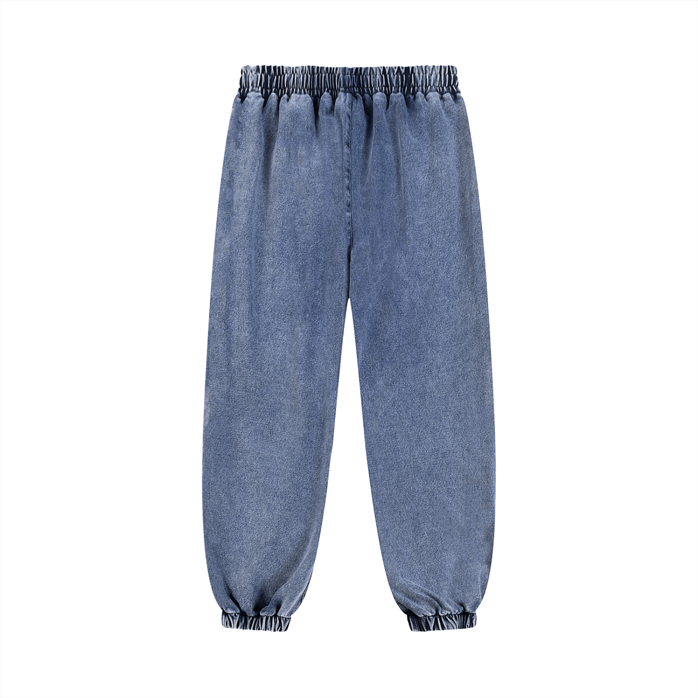 Blue denim jogger pants on a white background