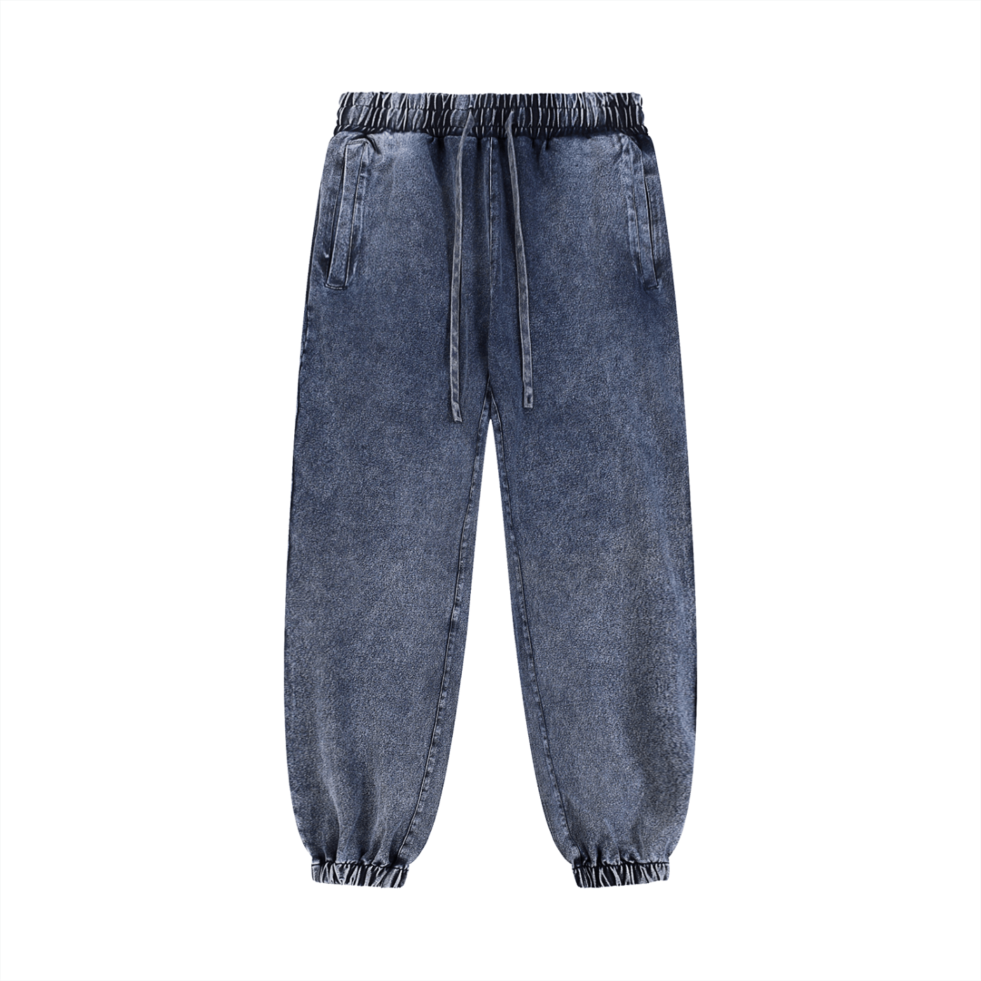 Blue denim jogger pants on a white background