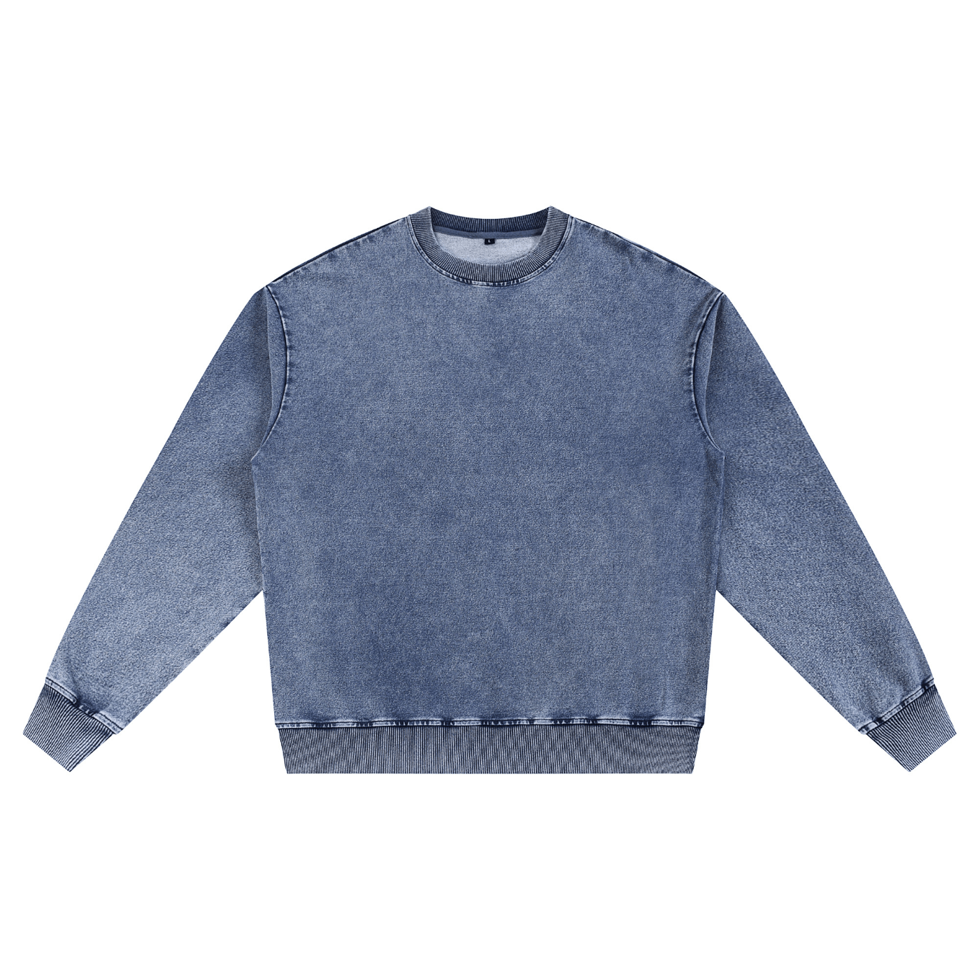 Blue denim-style sweatshirt on a white background