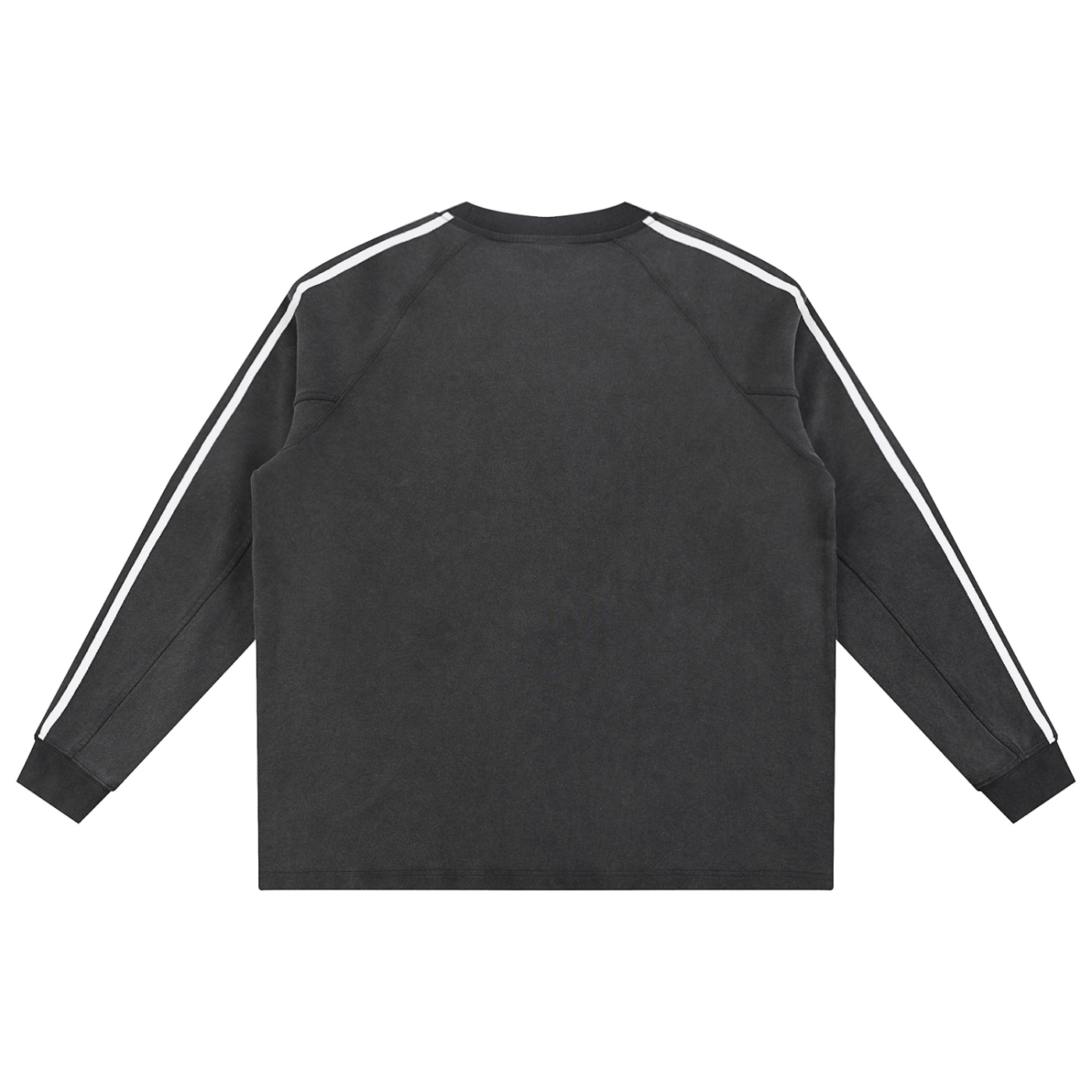 Black sweatshirt with white stripes on sleeves and back against a white background