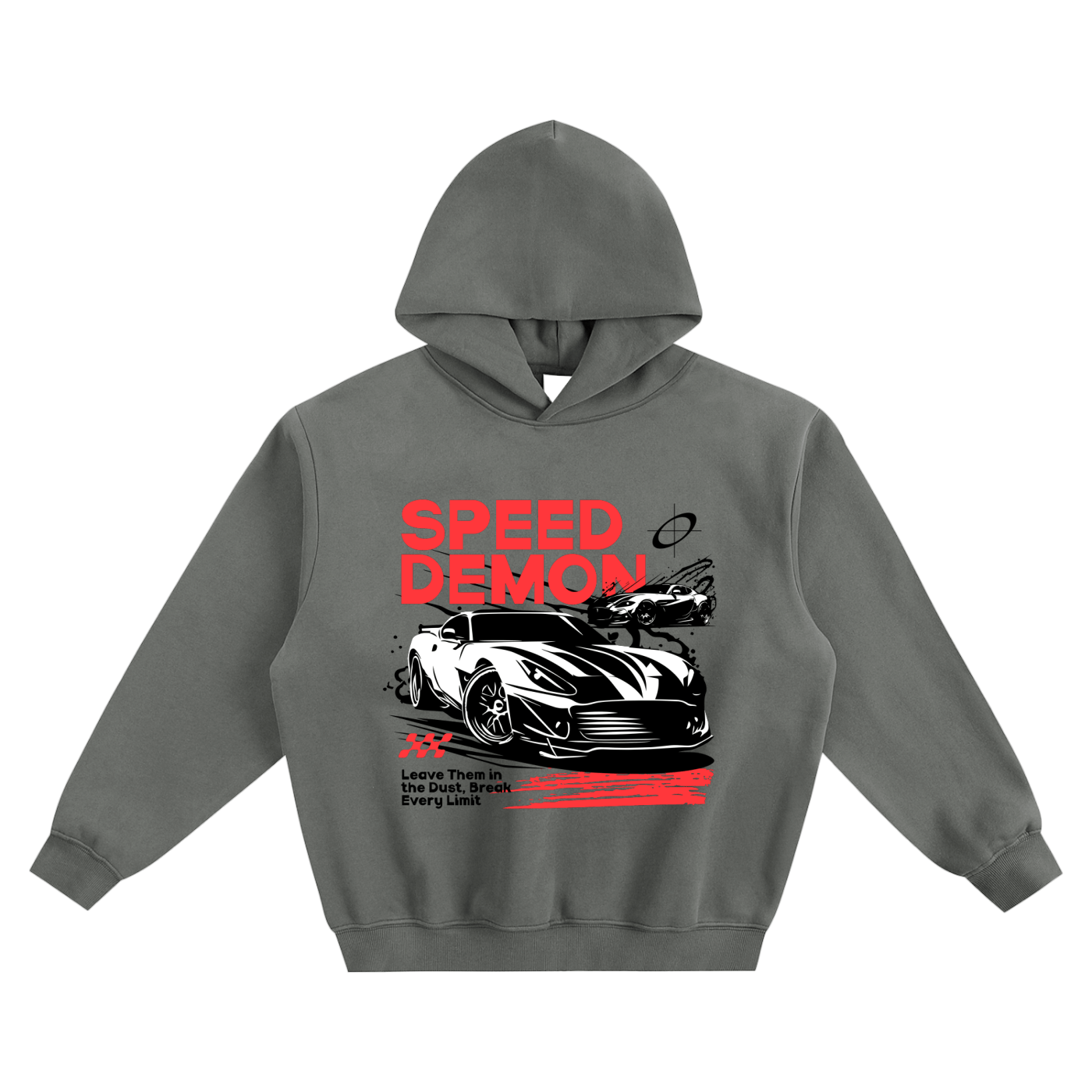 Gray hoodie with 'Speed Demon' graphic design on a white background