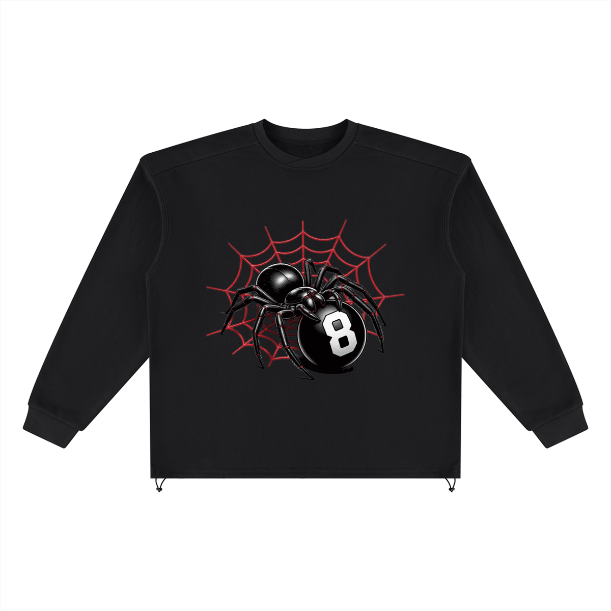A black crewneck sweatshirt featuring a graphic of a black spider on a red spiderweb with a black 8-ball containing the number 8 in white.