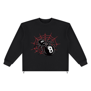 A black crewneck sweatshirt featuring a graphic of a black spider on a red spiderweb with a black 8-ball containing the number 8 in white.