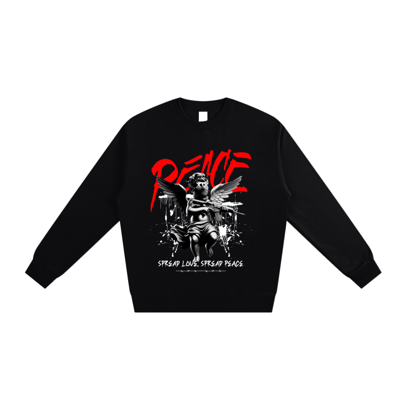 Black sweatshirt with graphic design and text on a white background