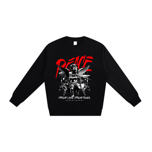 Black sweatshirt with graphic design and text on a white background