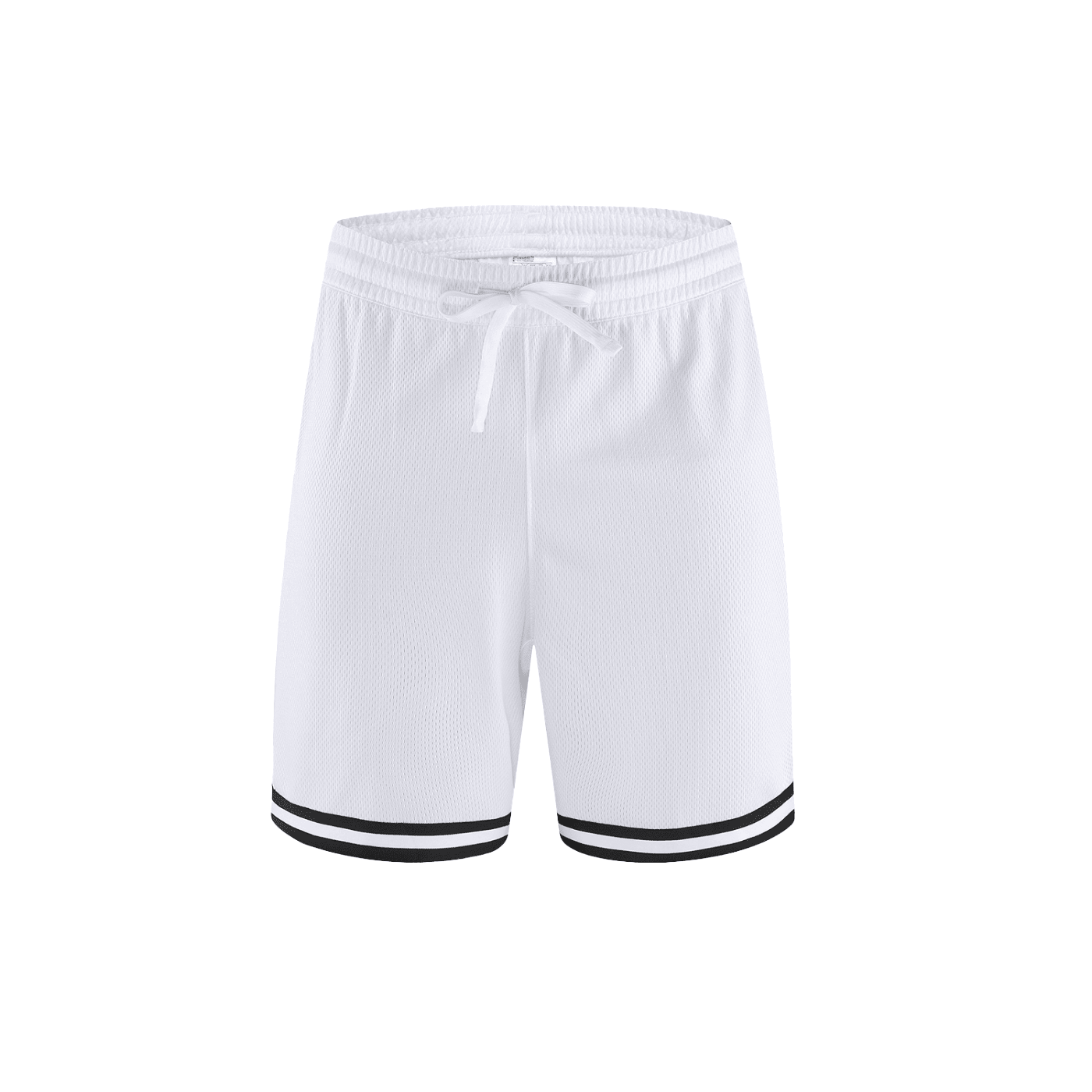 White shorts with black trim on a white background