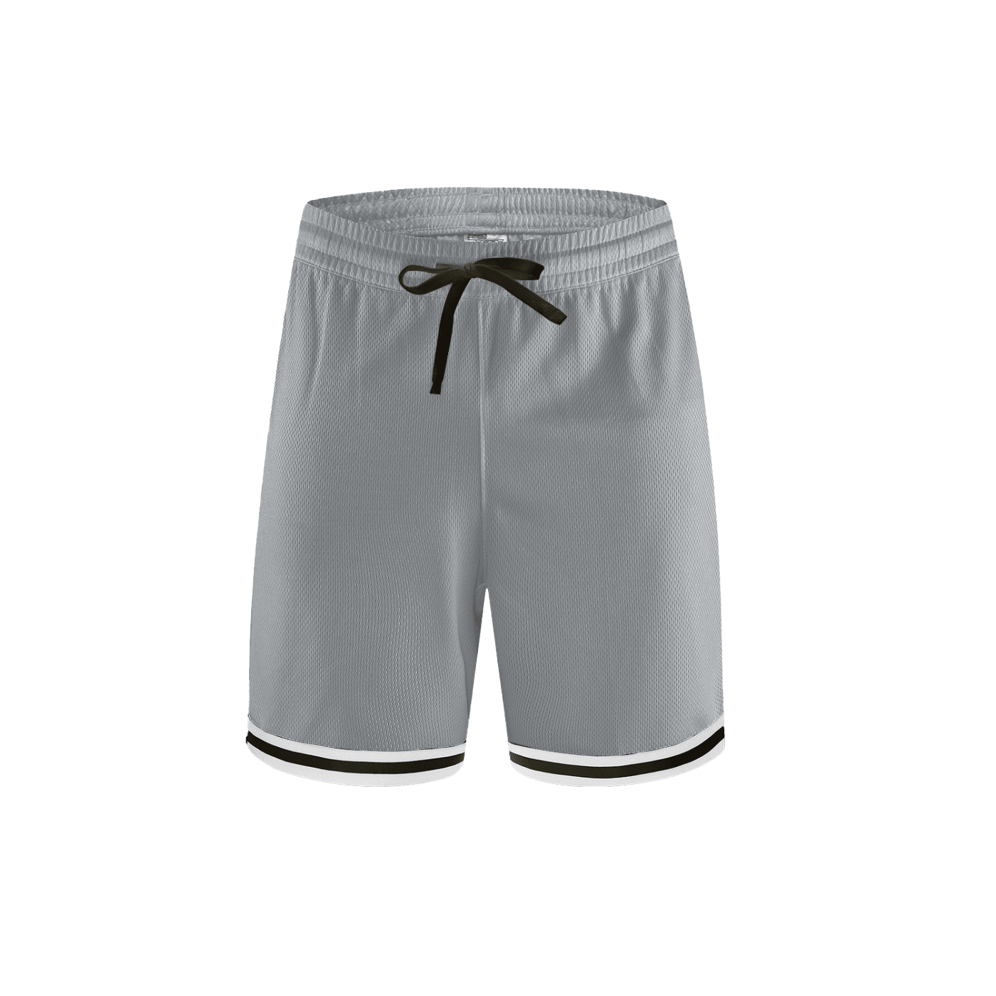 Light gray athletic shorts with a black drawstring and black and white striped trim at the hem, shown against a plain white background.
