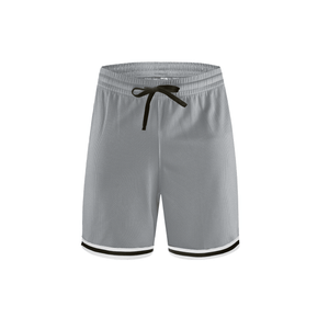 Light gray athletic shorts with a black drawstring and black and white striped trim at the hem, shown against a plain white background.