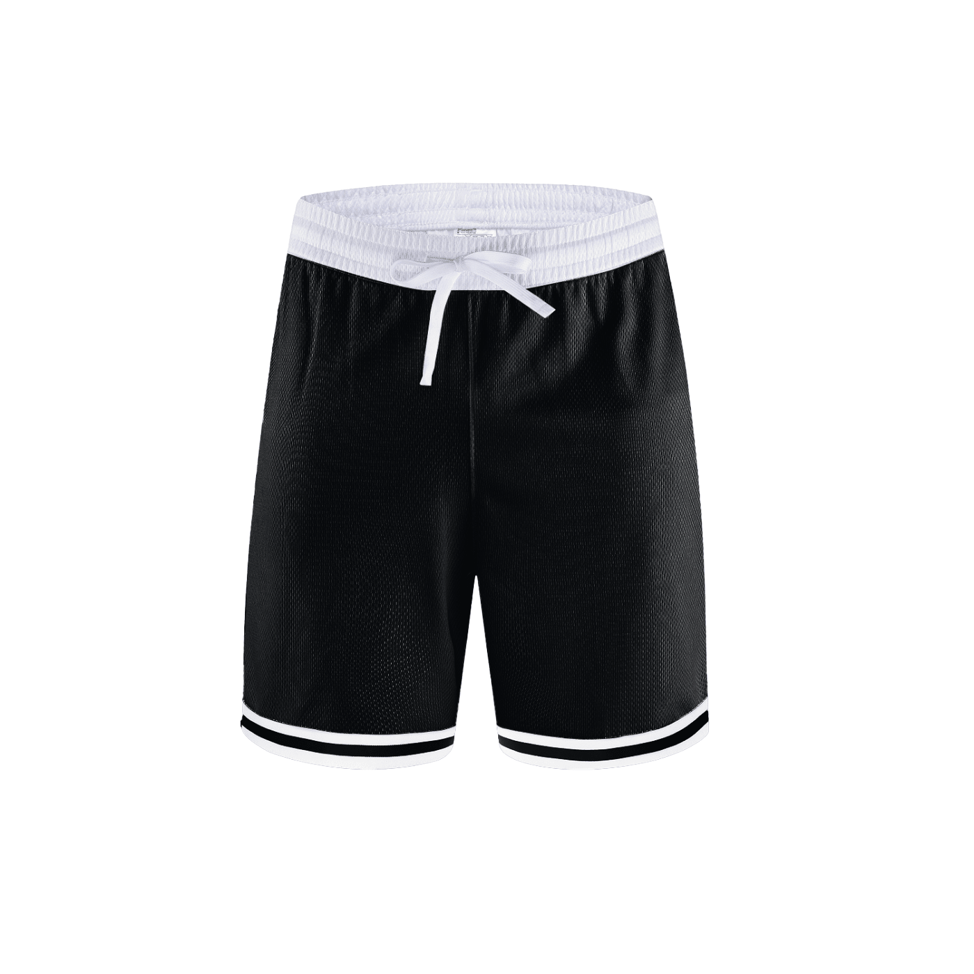 Black mesh athletic shorts with a white elastic waistband, white drawstring, and white trim along the hem, shown against a plain white background.