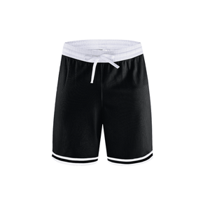 Black mesh athletic shorts with a white elastic waistband, white drawstring, and white trim along the hem, shown against a plain white background.