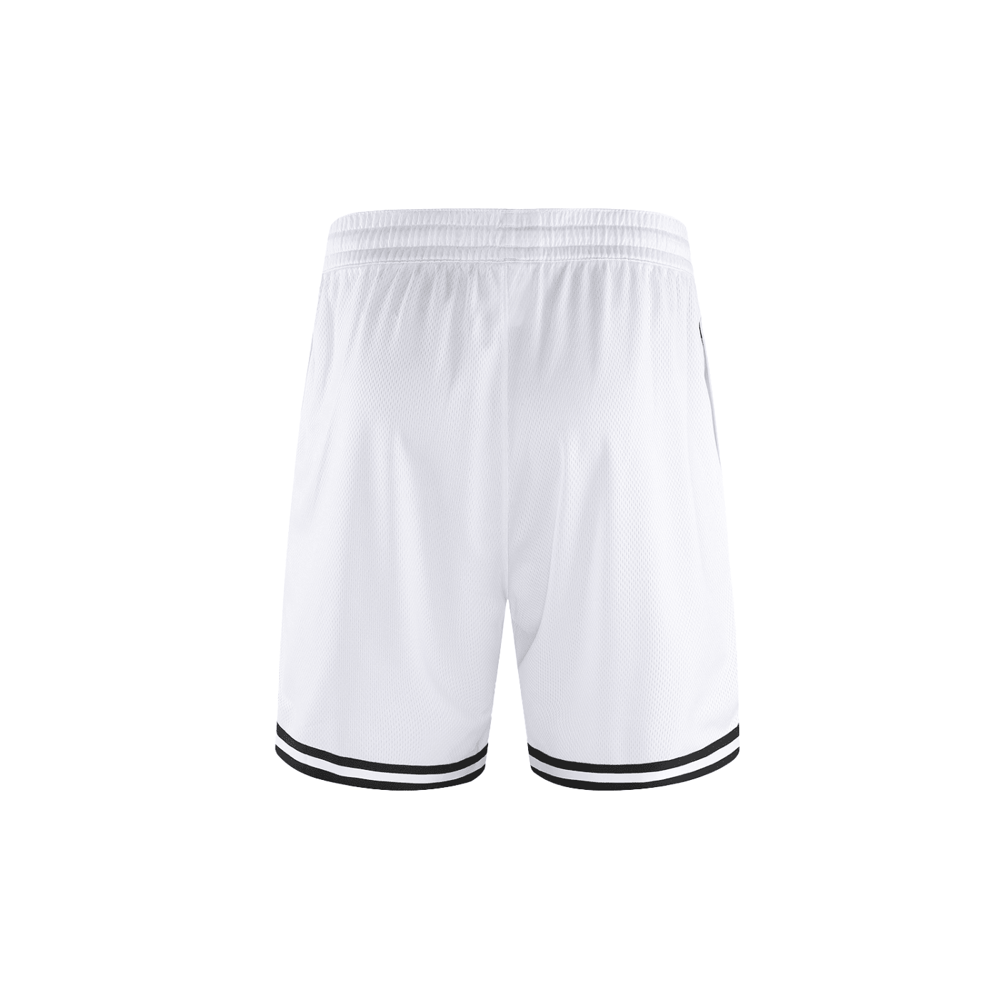 White shorts with black trim on a white background
