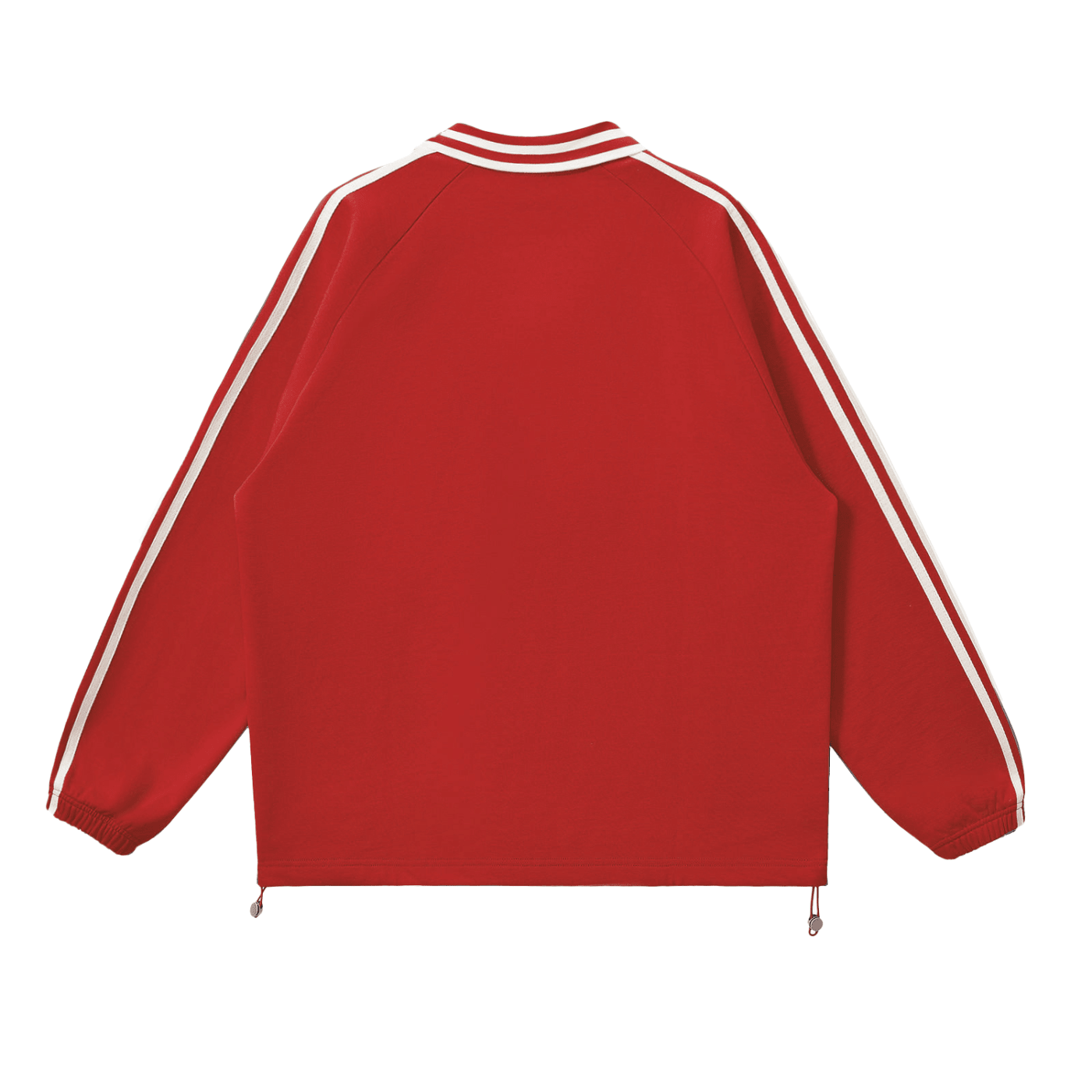 Red jacket with white stripes on sleeves and collar on a white background