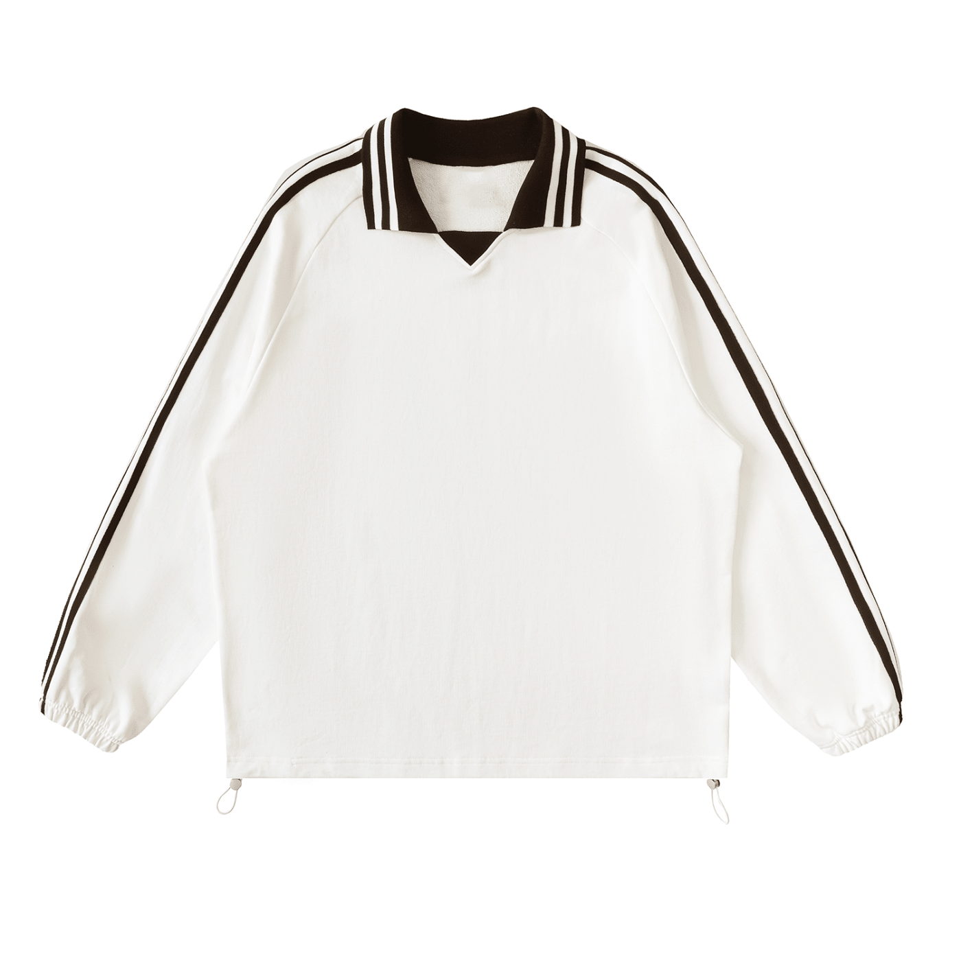 White jacket with black stripes on sleeves and collar on a white background
