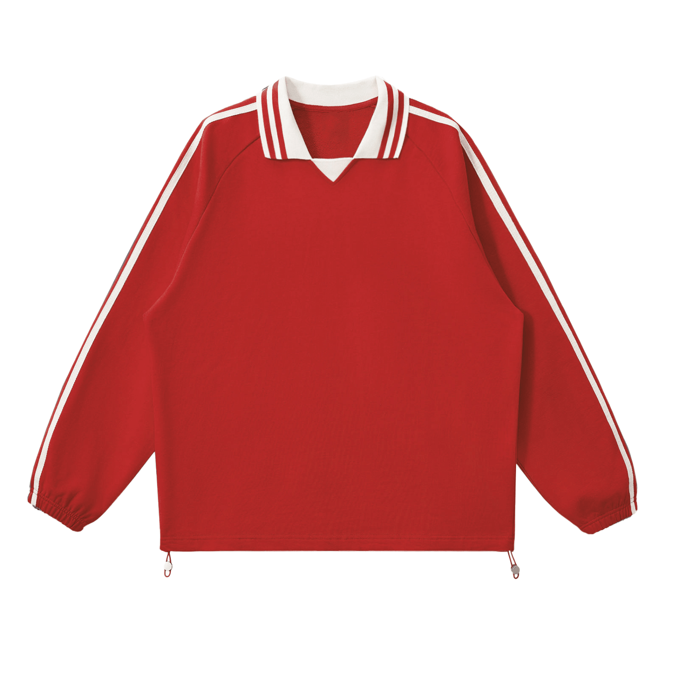 Red sweatshirt with white stripes on sleeves and collar on a white background