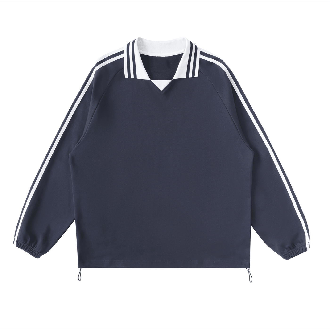 Navy jacket with white stripes on sleeves and collar on a white background