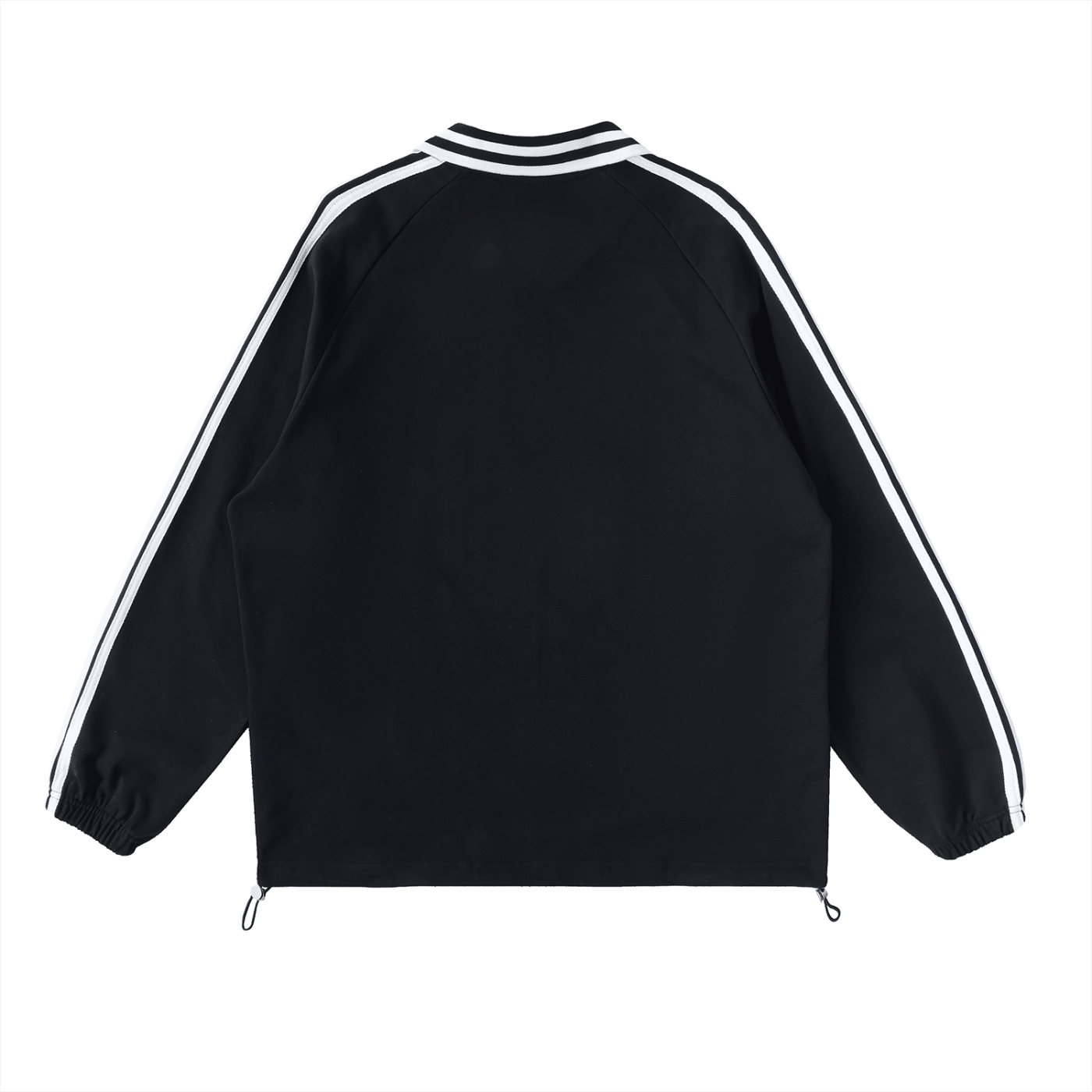 Black jacket with white stripes on sleeves and collar on a white background