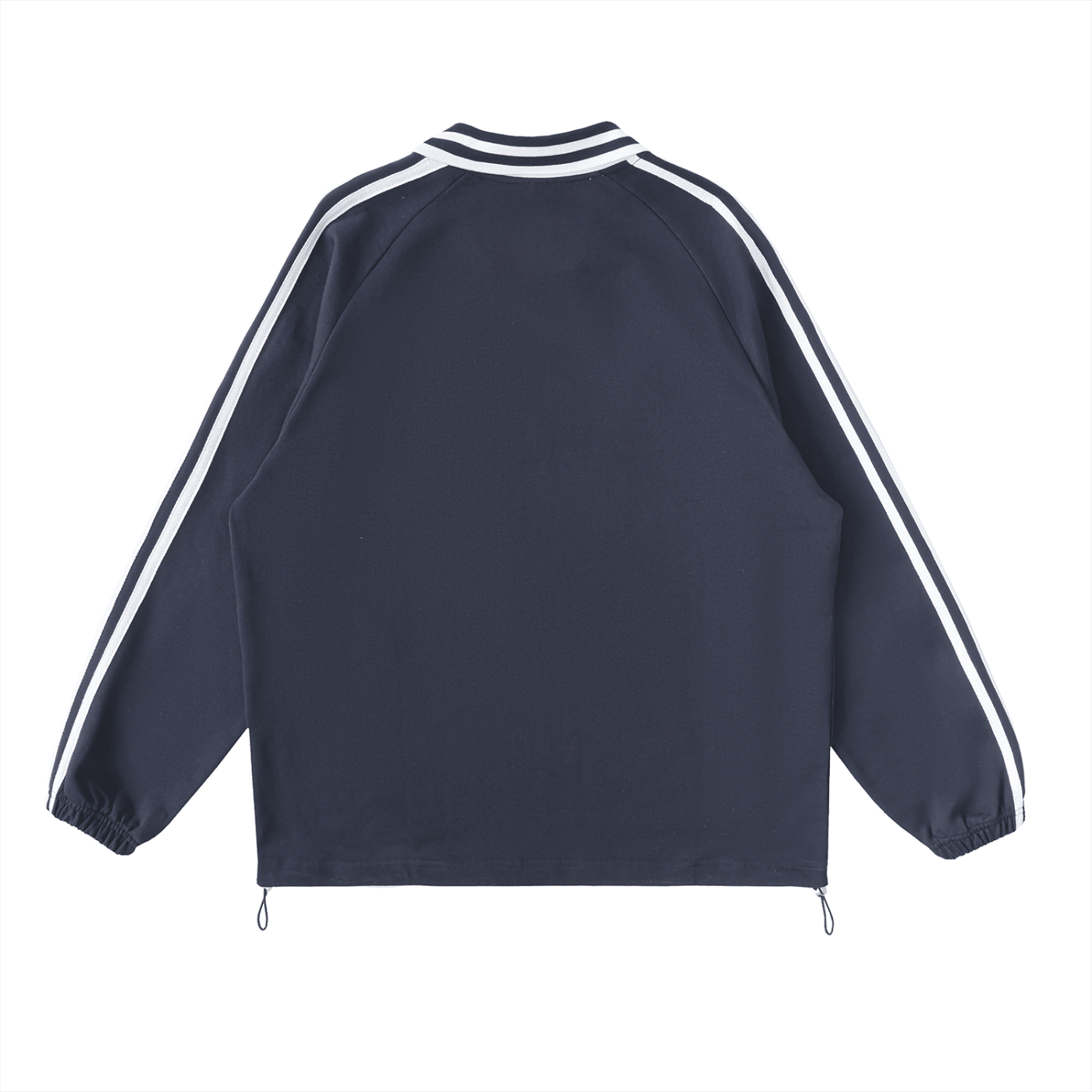 Navy jacket with white stripes on sleeves and neckline on a white background