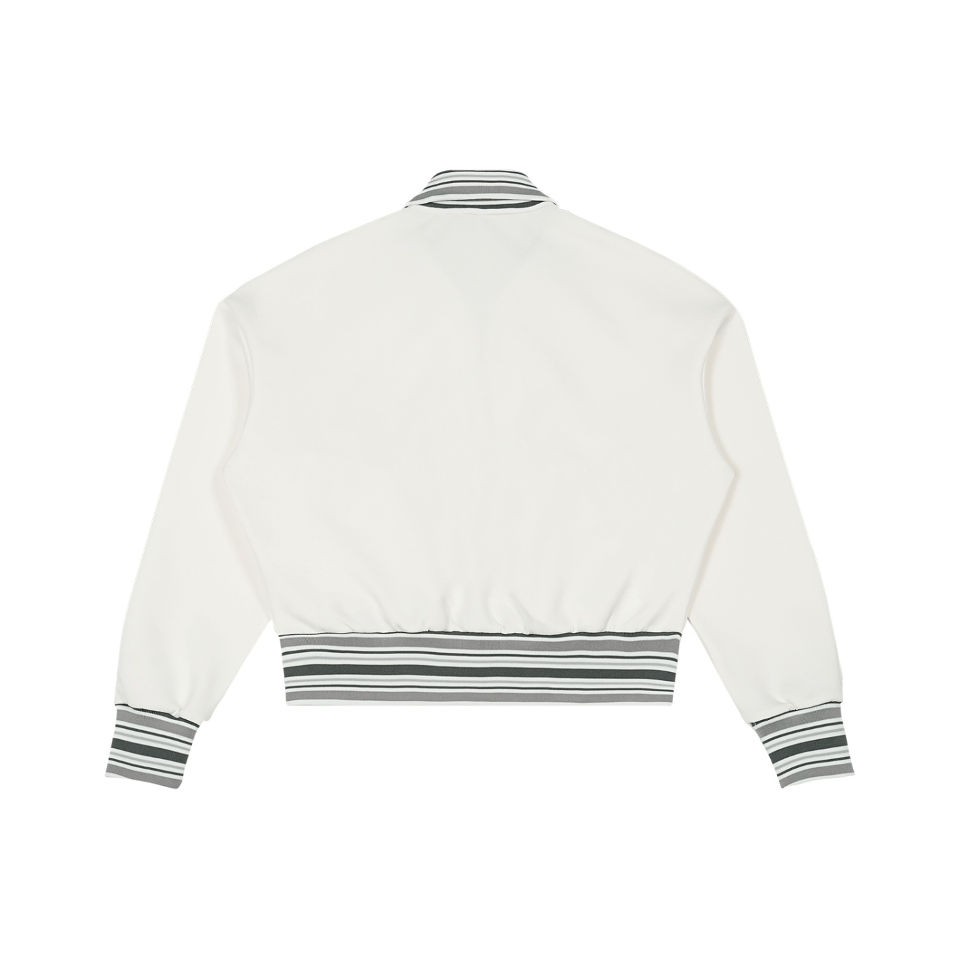 White varsity jacket with striped cuffs and waistband on a white background