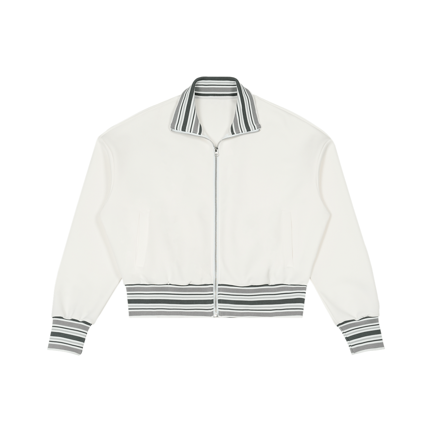 White jacket with black and gray striped accents on a white background