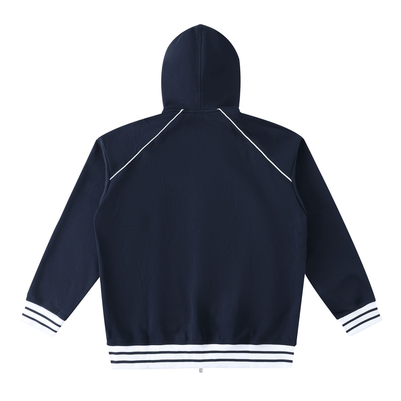 Navy blue hoodie with white trim on a white background