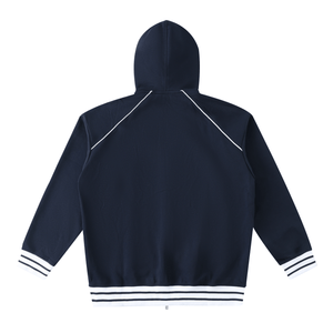 Navy blue hoodie with white trim on a white background