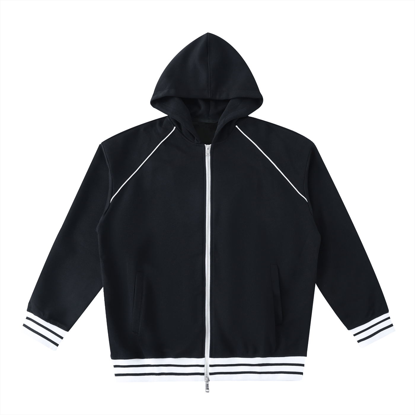 Black hoodie with white accents on a white background