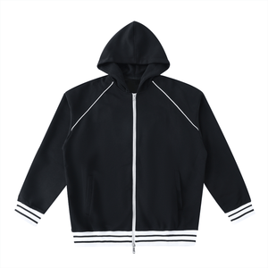 Black hoodie with white accents on a white background