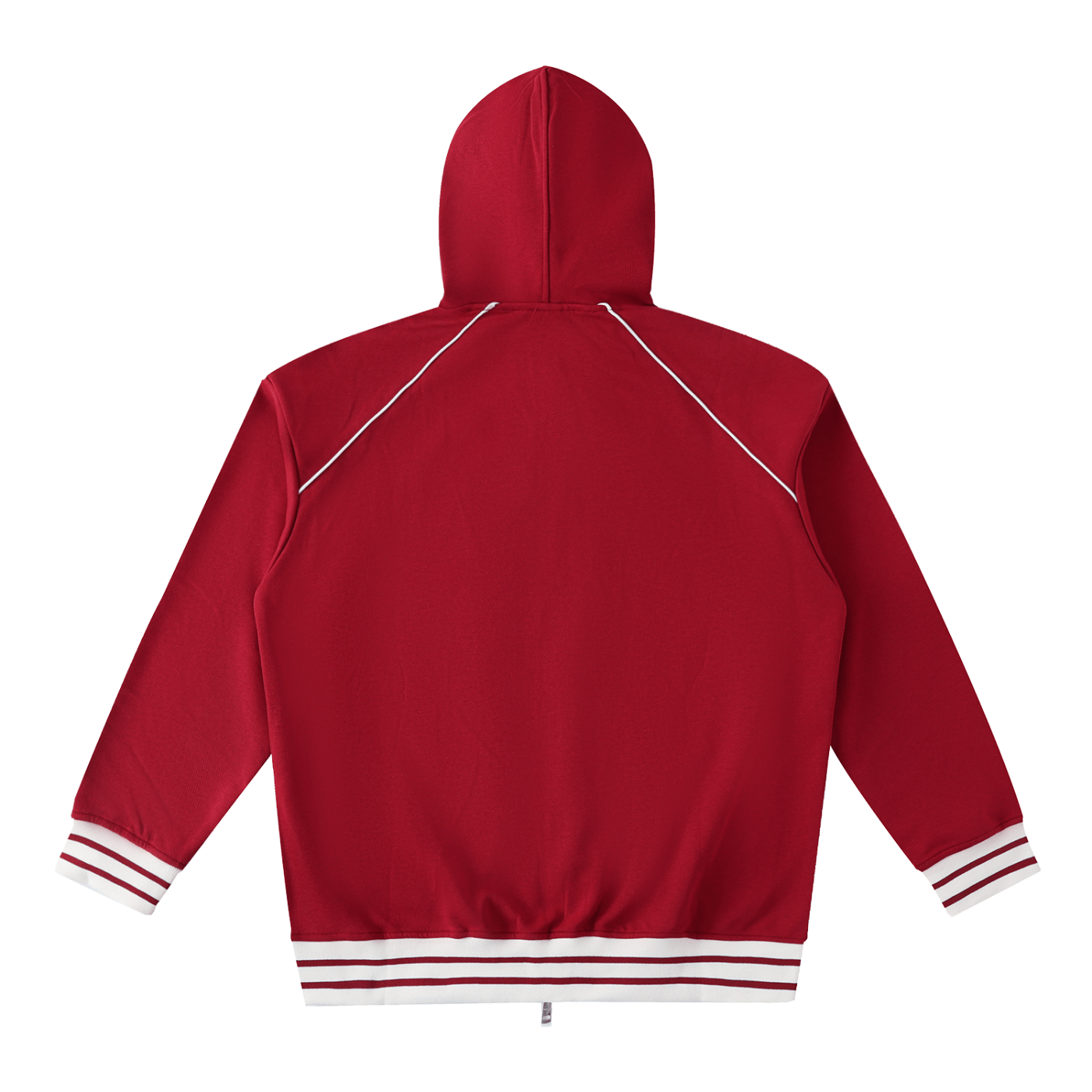 Red hoodie with white accents on a white background