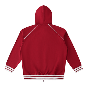 Red hoodie with white accents on a white background