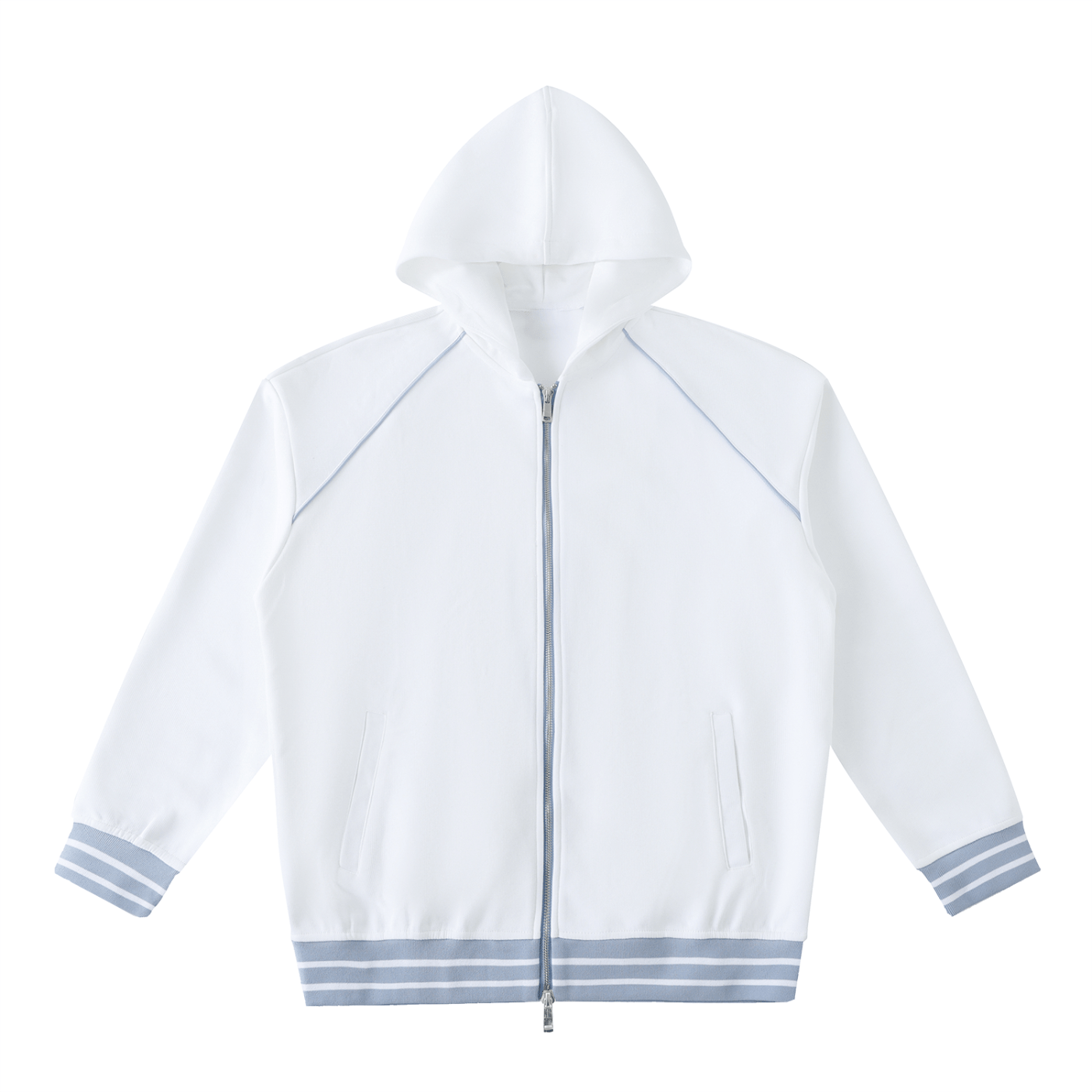 White hoodie with blue accents on a white background