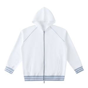 White hoodie with blue accents on a white background