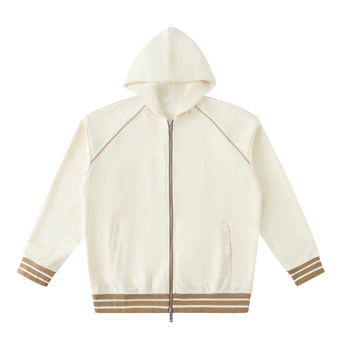 White hoodie with brown accents on a white background