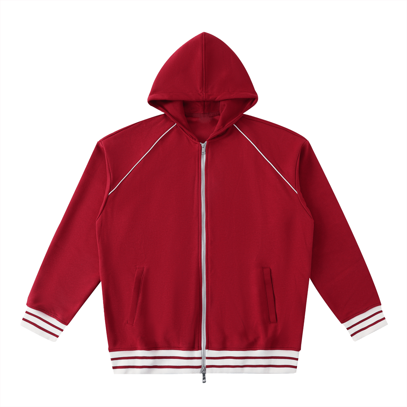 Red hoodie with white accents on a white background