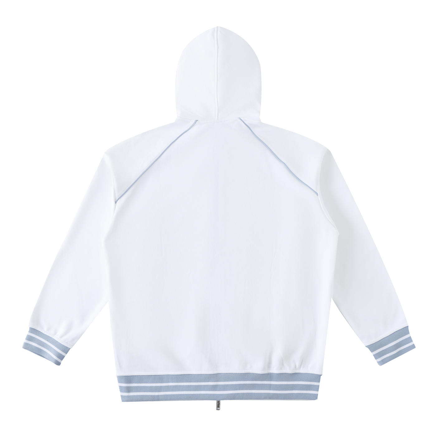 White hoodie with blue accents on a white background
