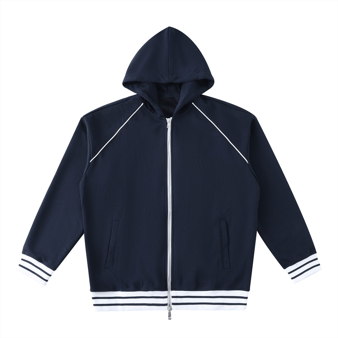 Navy blue hoodie with white accents on a white background