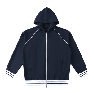 Navy blue hoodie with white accents on a white background
