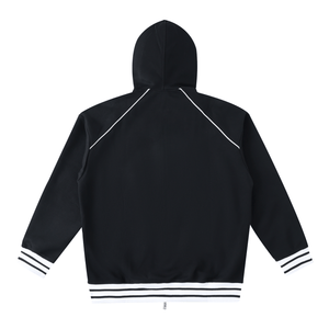 Black hoodie with white trim on a white background