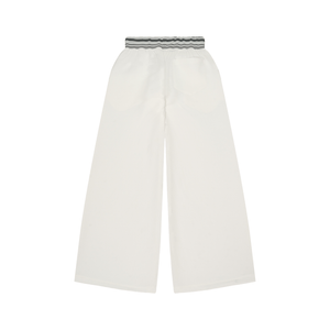 White wide-leg pants with a striped waistband on a white background