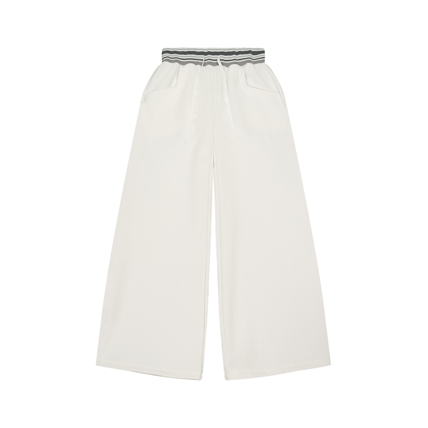 White wide-leg pants with a striped waistband on a white background